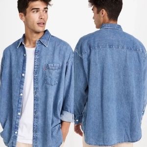 Mens Levis WPL 423 Large Denim Long Sleeve Shirt Red Tab Metal Buttons Vintage